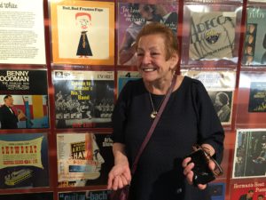 Jennifer Jankel from the Jewish Music Institute, daughter of British dance music legend Joe Loss, in front of records of her father